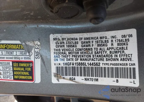 2006 Honda Civic Ex from USA, damaged, VIN 1HGFA15886L144562